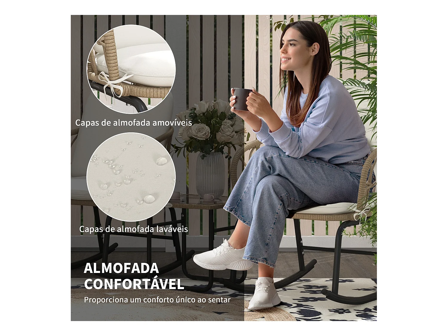 Conjunto de jardín Candela Outsunny 2 mecedoras + mesa crema