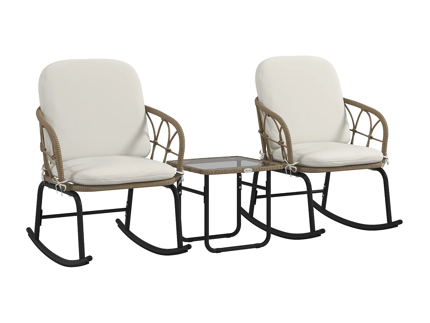 Conjunto de Móveis de Vime para Jardim com 2 Cadeiras de Baloiço e Mesa de Centro Elegante em Creme e Bege