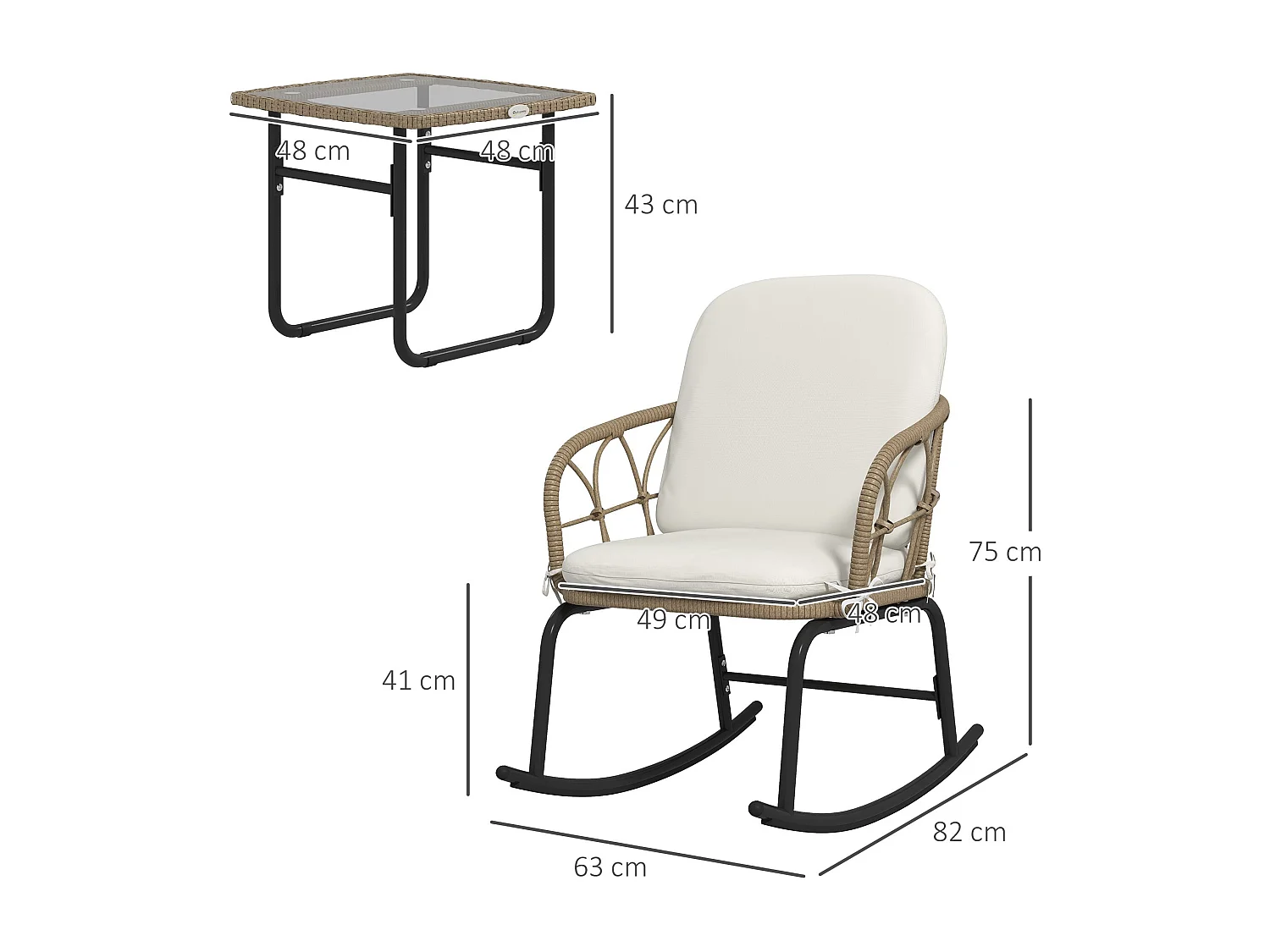 Conjunto de Móveis de Vime para Jardim com 2 Cadeiras de Baloiço e Mesa de Centro Elegante em Creme e Bege