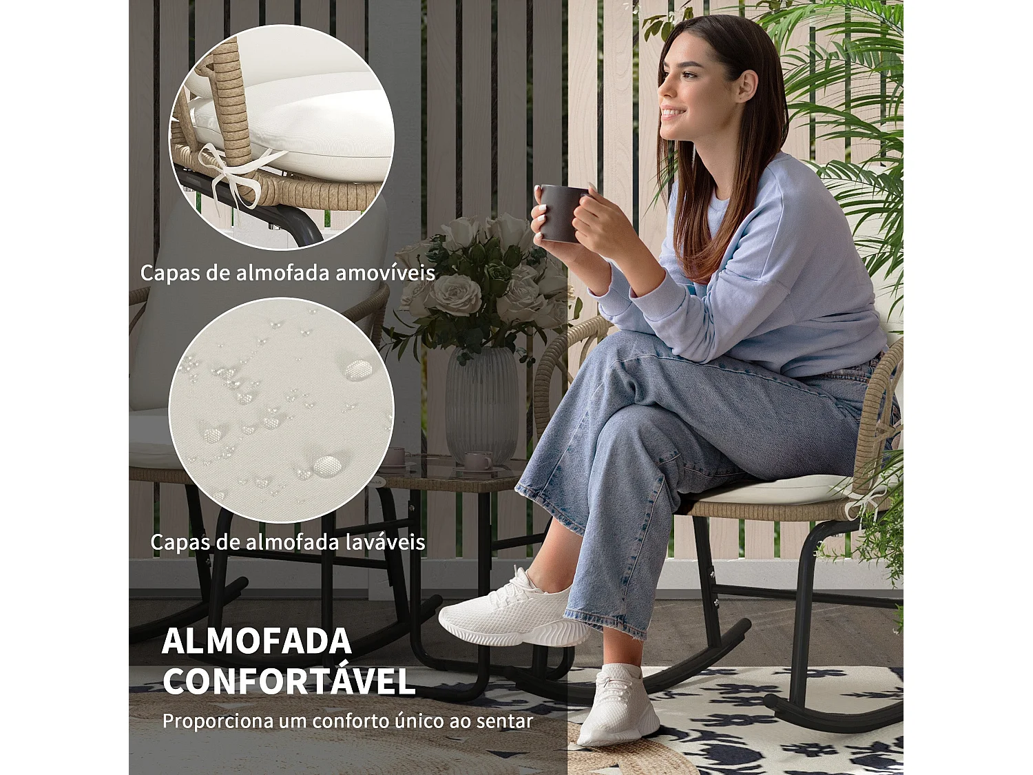 Conjunto de Móveis de Vime para Jardim com 2 Cadeiras de Baloiço e Mesa de Centro Elegante em Creme e Bege
