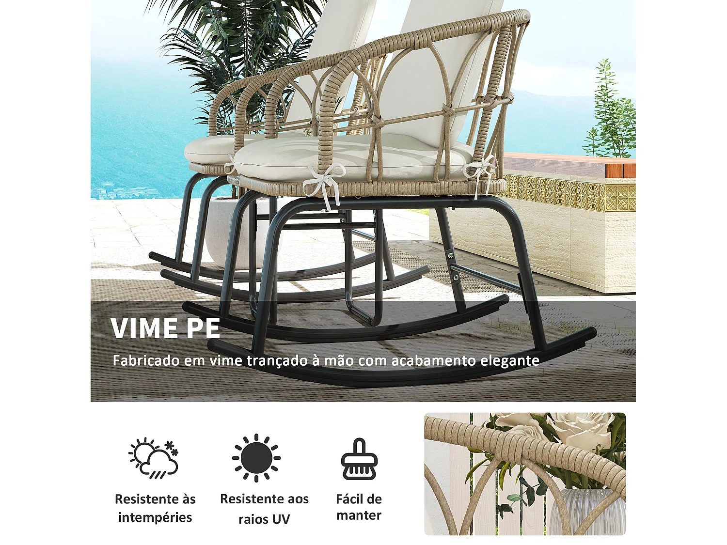 Conjunto de Móveis de Vime para Jardim com 2 Cadeiras de Baloiço e Mesa de Centro Elegante em Creme e Bege