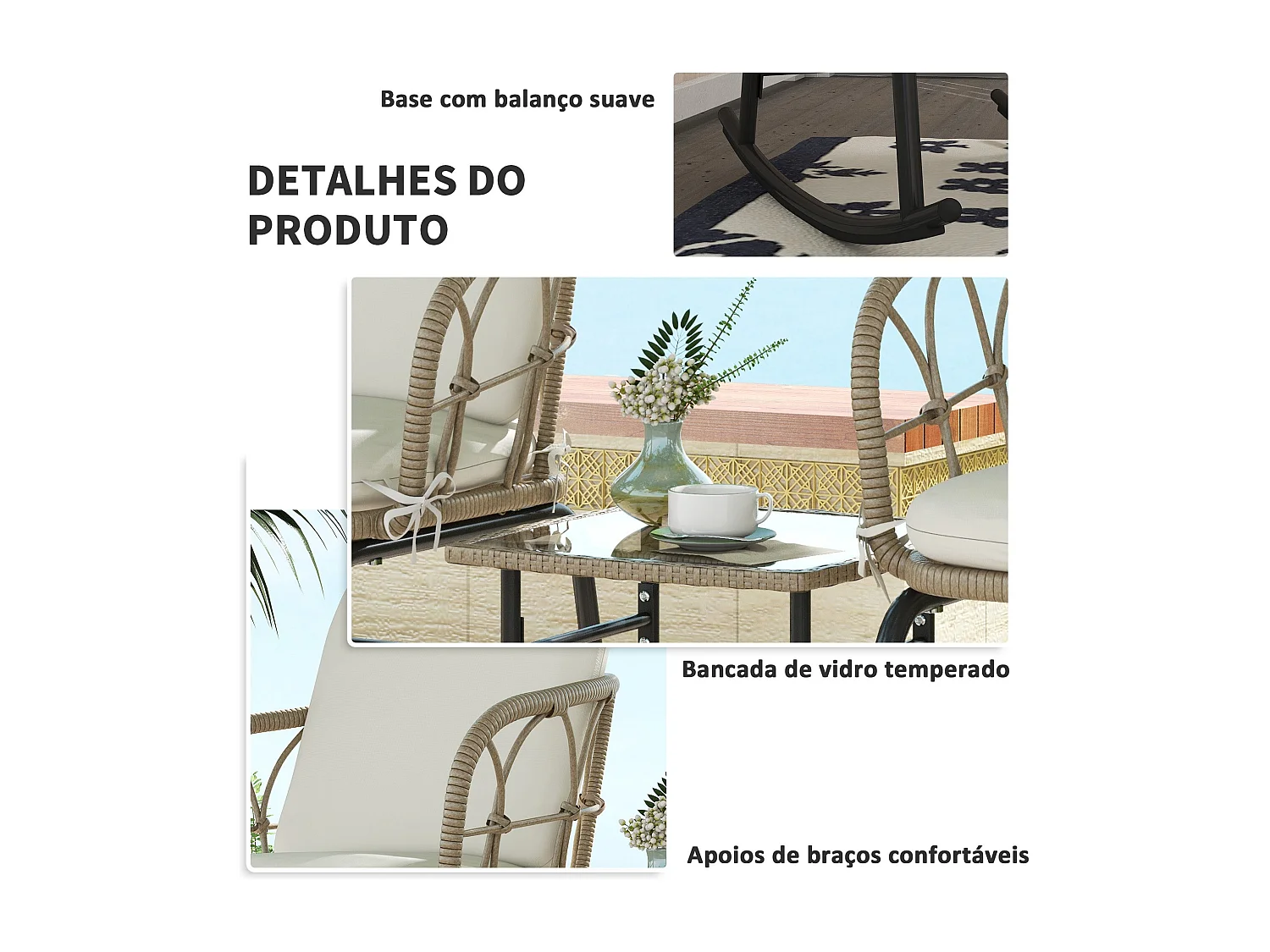 Conjunto de Móveis de Vime para Jardim com 2 Cadeiras de Baloiço e Mesa de Centro Elegante em Creme e Bege