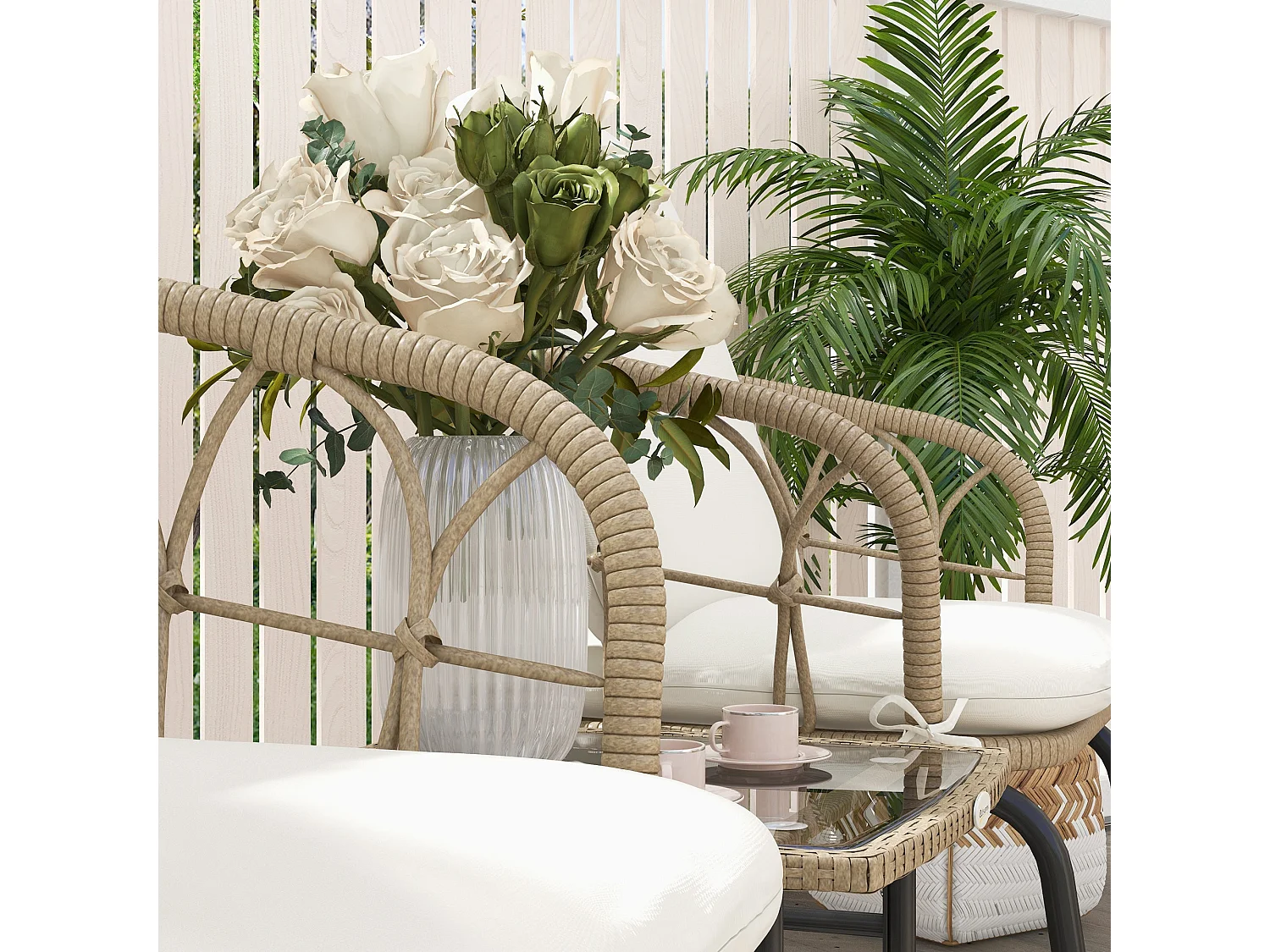 Conjunto de Móveis de Vime para Jardim com 2 Cadeiras de Baloiço e Mesa de Centro Elegante em Creme e Bege