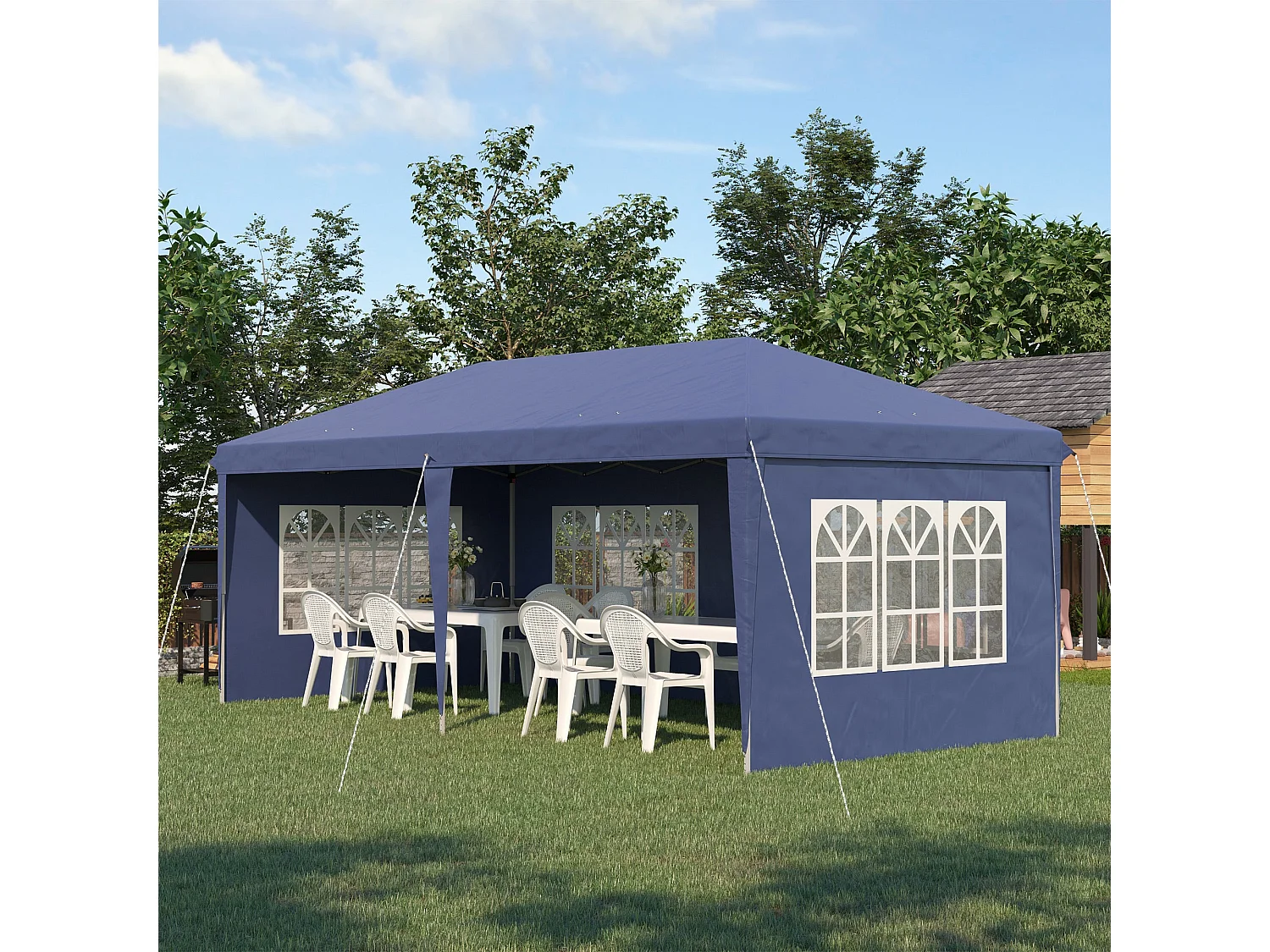 Carpa de jardín Outsunny plegable 4 ventanas azul 2,70x5,85x2,95 m
