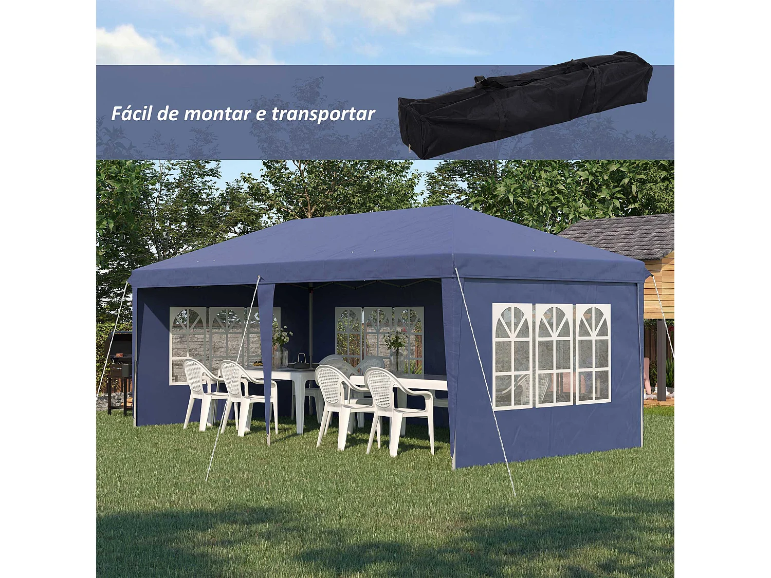 Carpa de jardín Outsunny plegable 4 ventanas azul 2,70x5,85x2,95 m