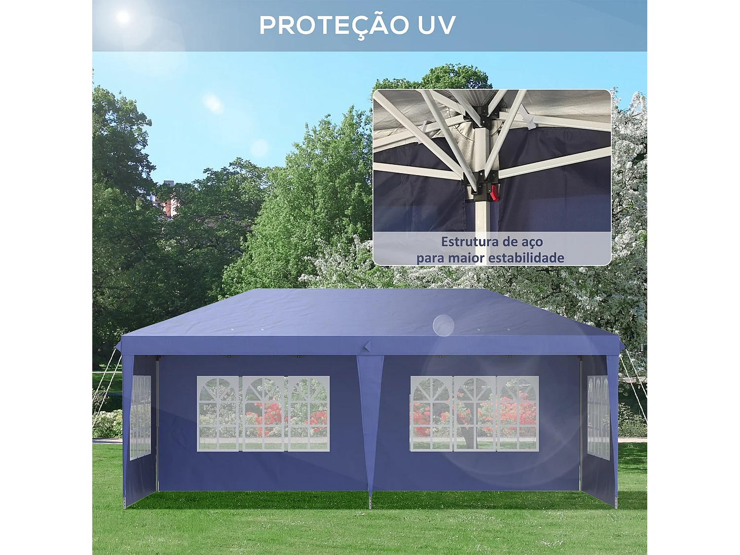Carpa de jardín Outsunny plegable 4 ventanas azul 2,70x5,85x2,95 m
