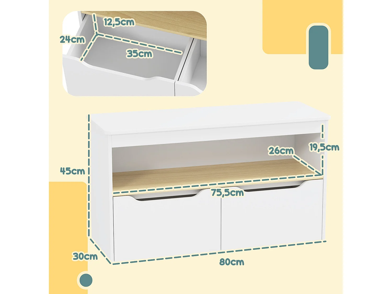 Estantería infantil Cilantro Aiyaplay compartimento + 2 cajones +3A blanco 45x80x30 cm