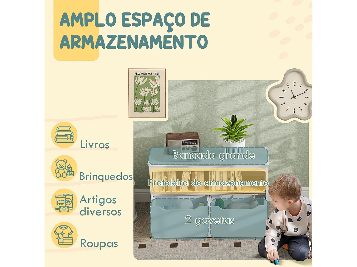 Estantería infantil Cilantro Aiyaplay compartimento + 2 cajones +3A blanco 45x80x30 cm