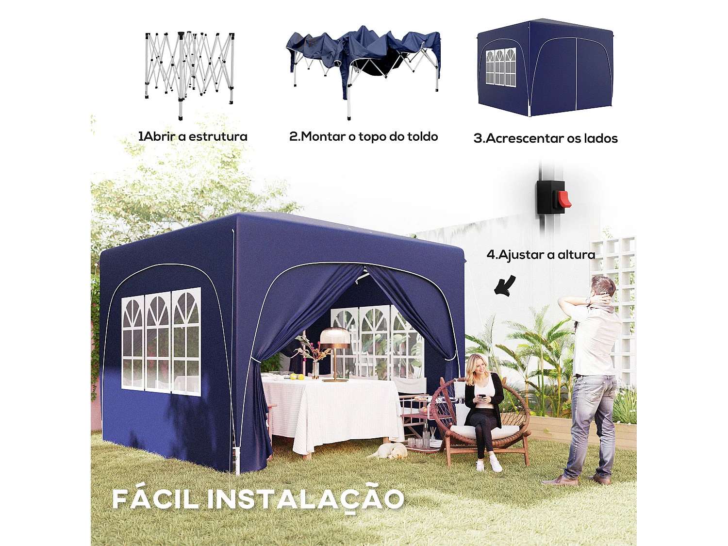 Cenador Garden Outsunny plegable+ regulable + 2 ventanas + 2 puertas azul 300x300 cm