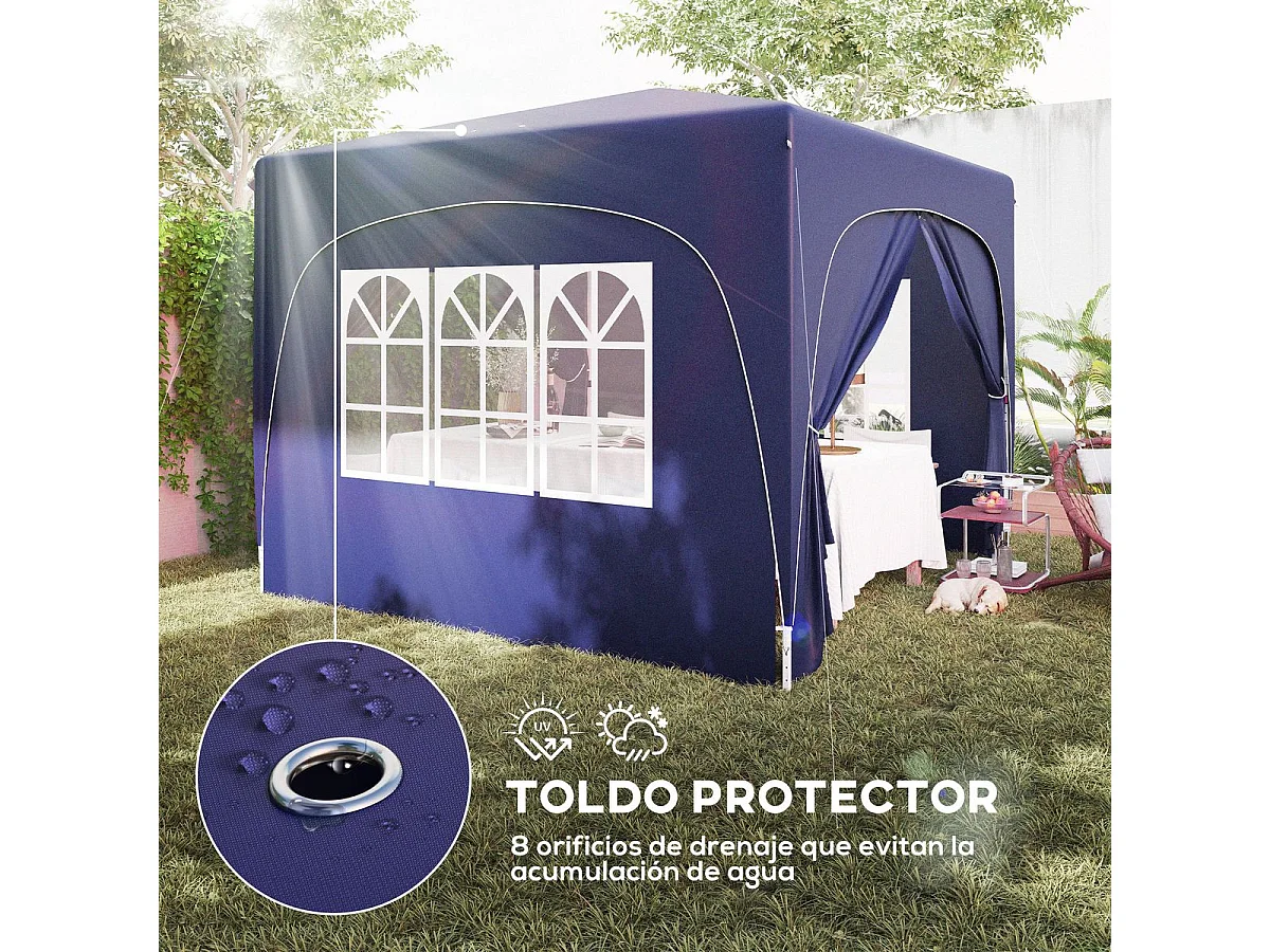 Cenador Garden Outsunny plegable+ regulable + 2 ventanas + 2 puertas azul 300x300 cm