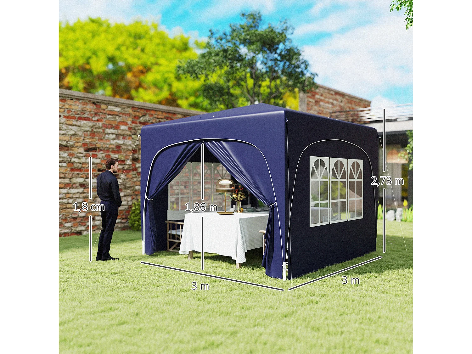 Cenador Garden Outsunny plegable+ regulable + 2 ventanas + 2 puertas azul 300x300 cm