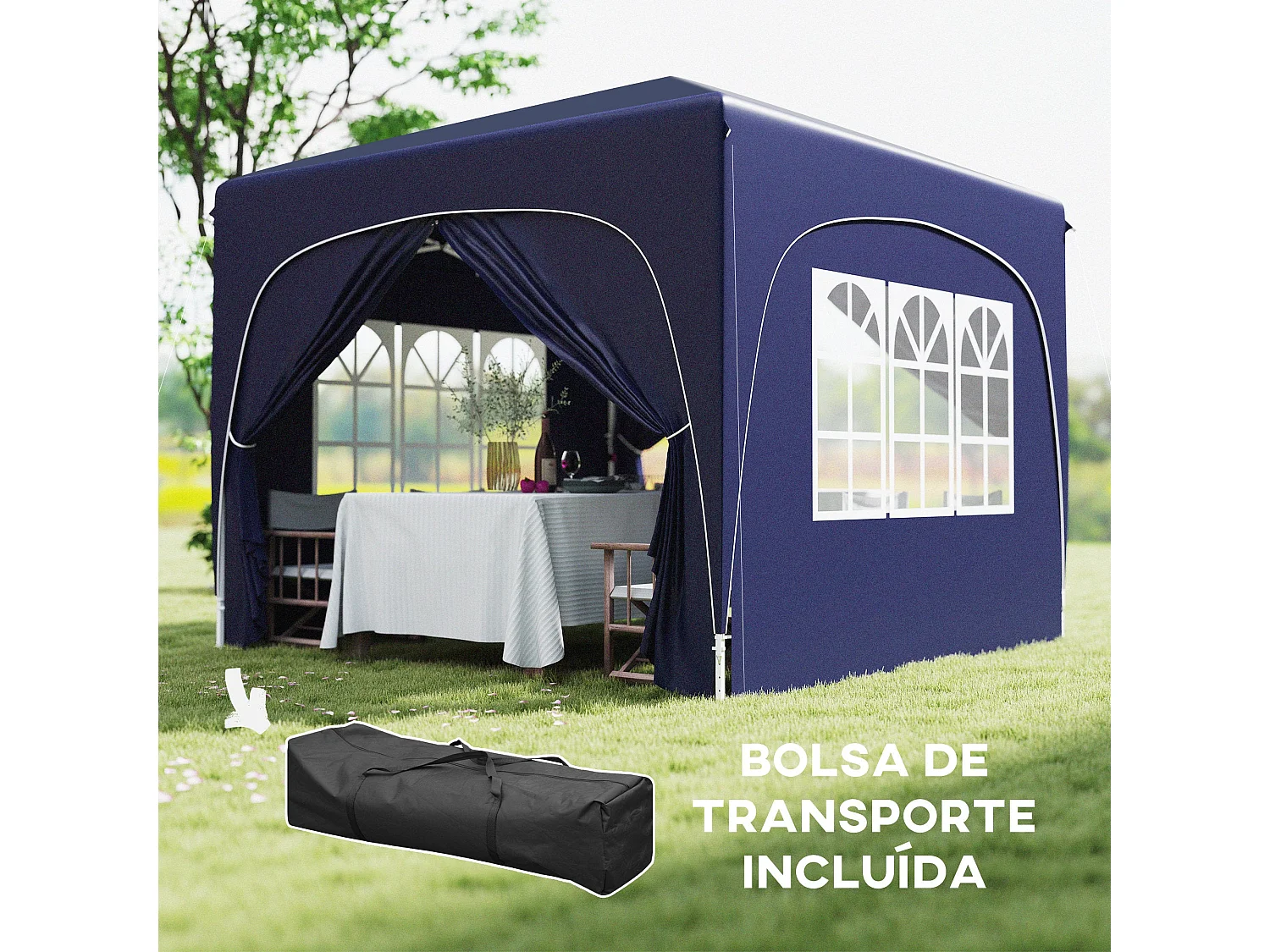 Cenador Garden Outsunny plegable+ regulable + 2 ventanas + 2 puertas azul 300x300 cm