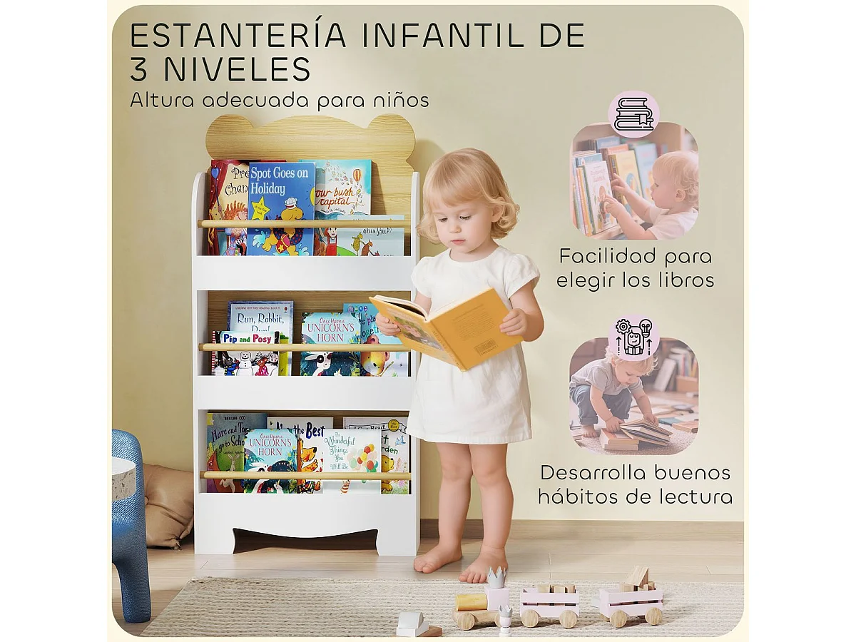Librería infantil Osito Aiyaplay 3 niveles blanco/natural 110x55x15 cm