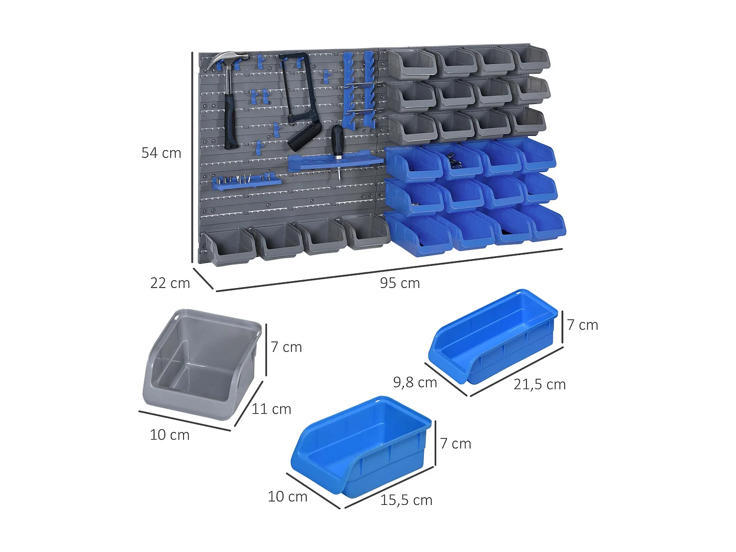 DURHAND Prateleira de Parede com 44 Peças - Organizador de Ferramentas 54x95 cm com Caixas e Ganchos em Azul e Cinza