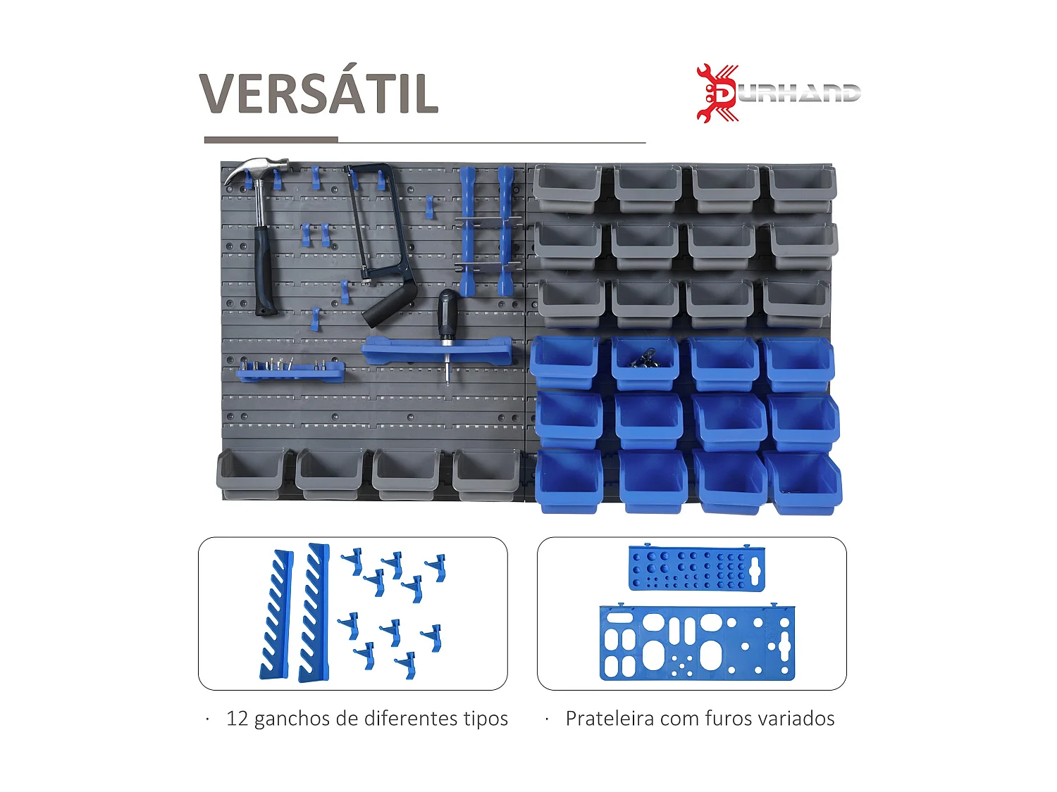 DURHAND Prateleira de Parede com 44 Peças - Organizador de Ferramentas 54x95 cm com Caixas e Ganchos em Azul e Cinza
