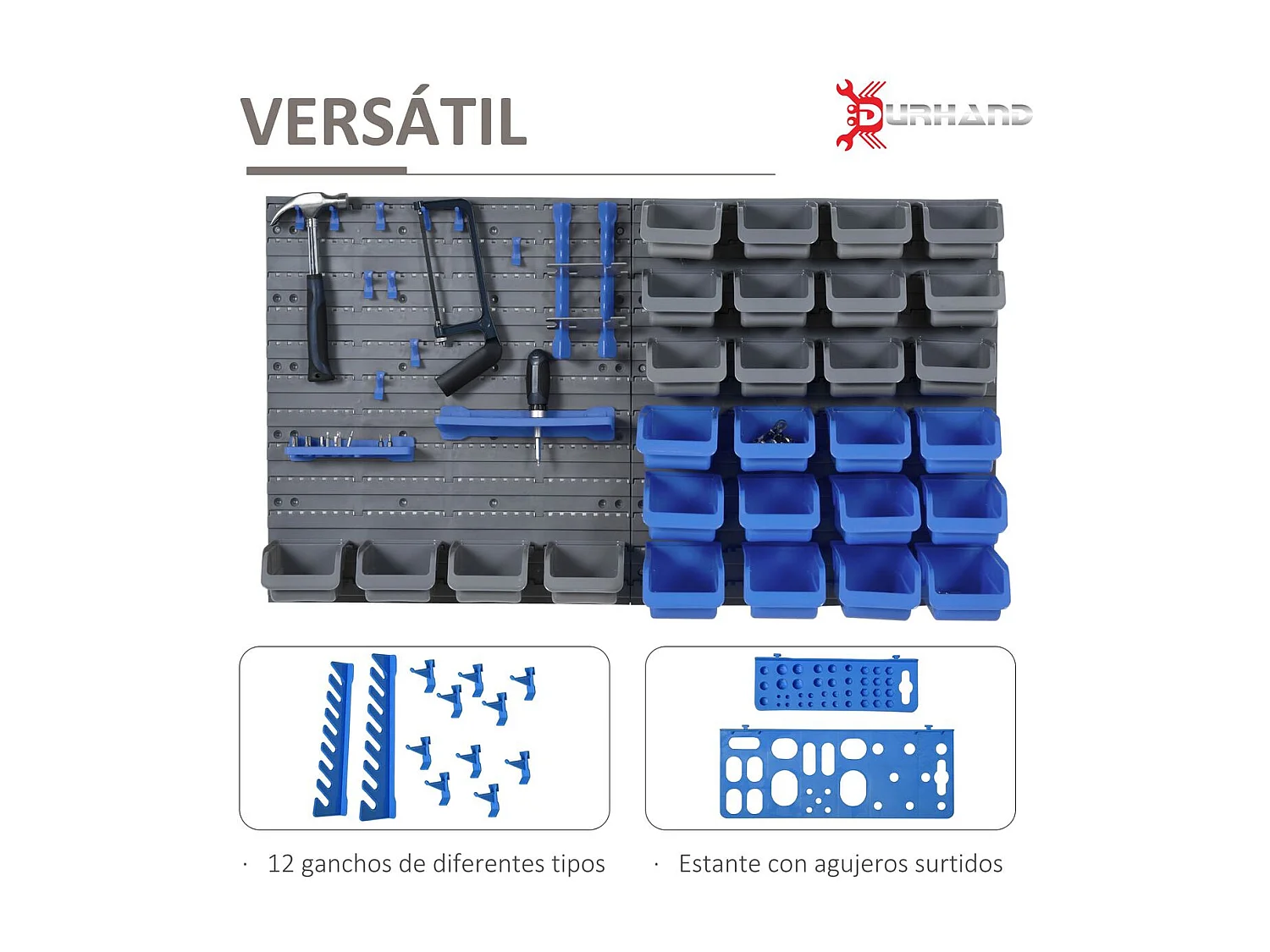 DURHAND Prateleira de Parede com 44 Peças - Organizador de Ferramentas 54x95 cm com Caixas e Ganchos em Azul e Cinza