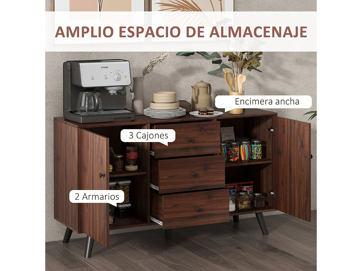 Aparador Molina Homcom 2 puertas + 3 cajones roble oscuro 76x127x40 cm