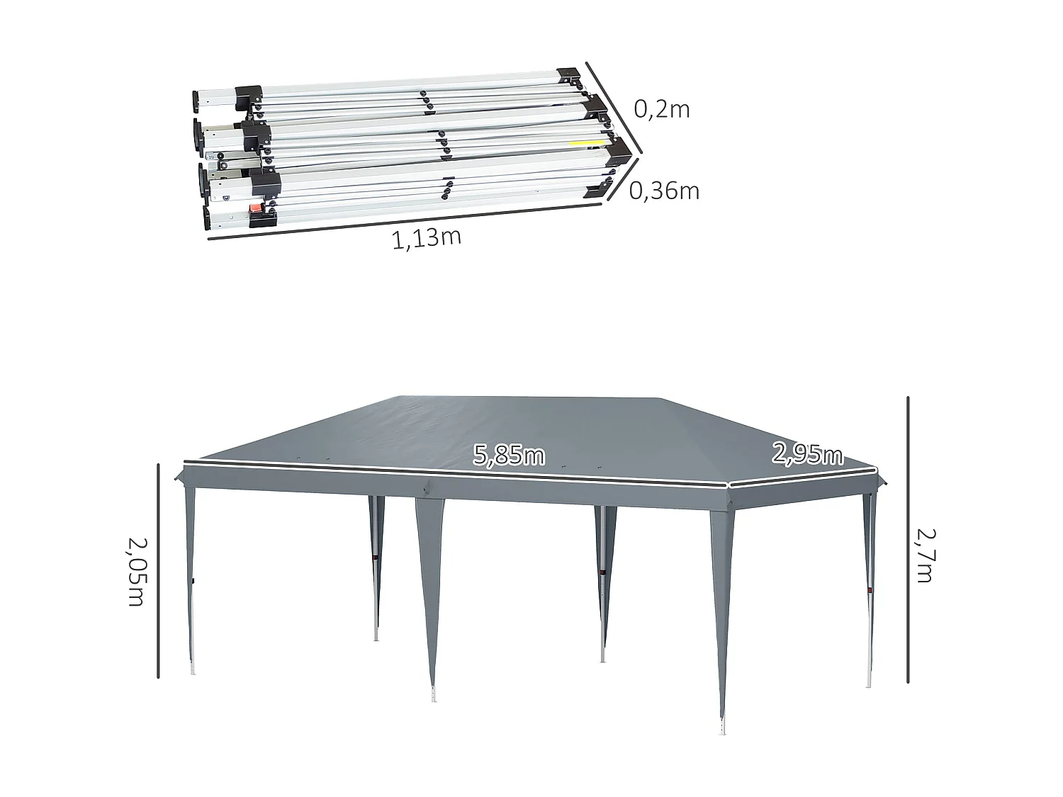 Carpa Toluca Outsunny plegable altura regulable gris claro 270x585x295 cm