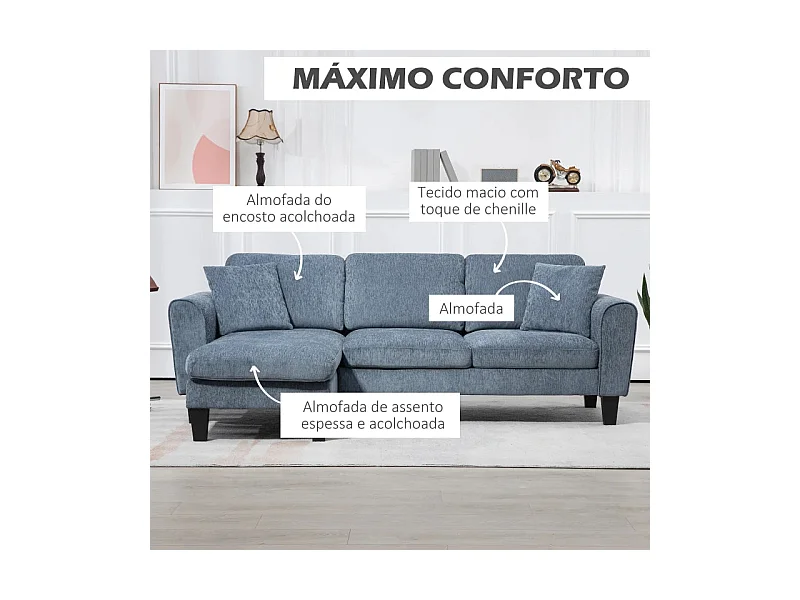 Sofá chaiselongue Diva Homcom 3 plazas reversible azul oscuro 87x230x138 cm