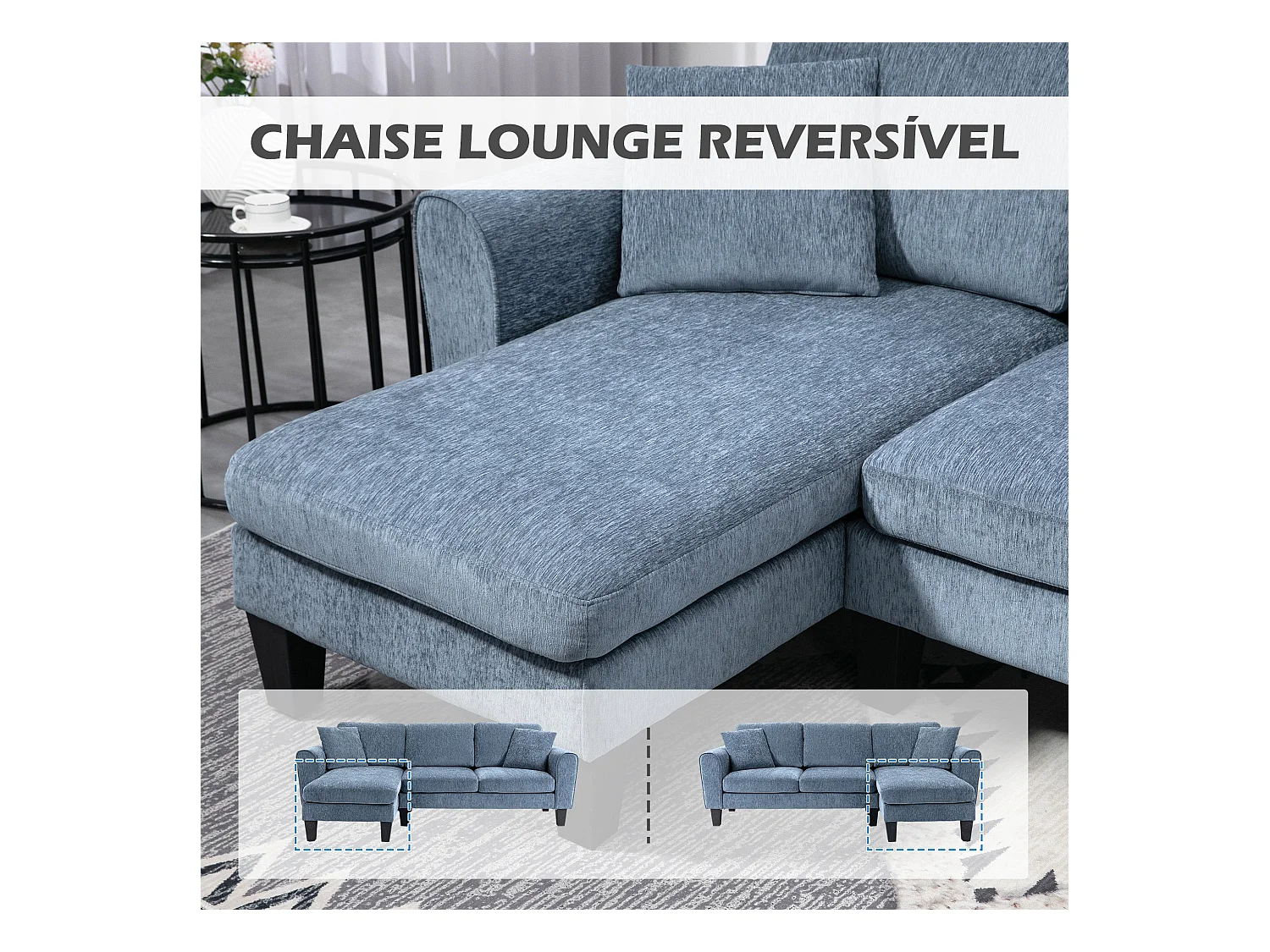 Sofá chaiselongue Diva Homcom 3 plazas reversible azul oscuro 87x230x138 cm