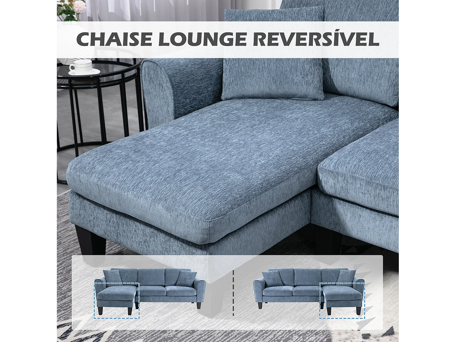Sofá Chaise Longue Reversível em L com Almofadas - Conforto e Estilo para sua Sala de Estar