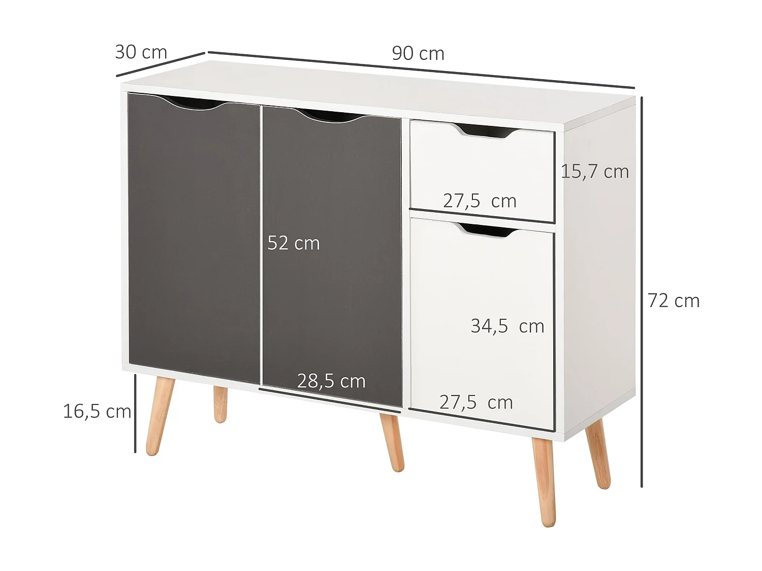 Aparador Kiwi Homcom 3 puertas + cajón blanco/gris 72x90x30 cm