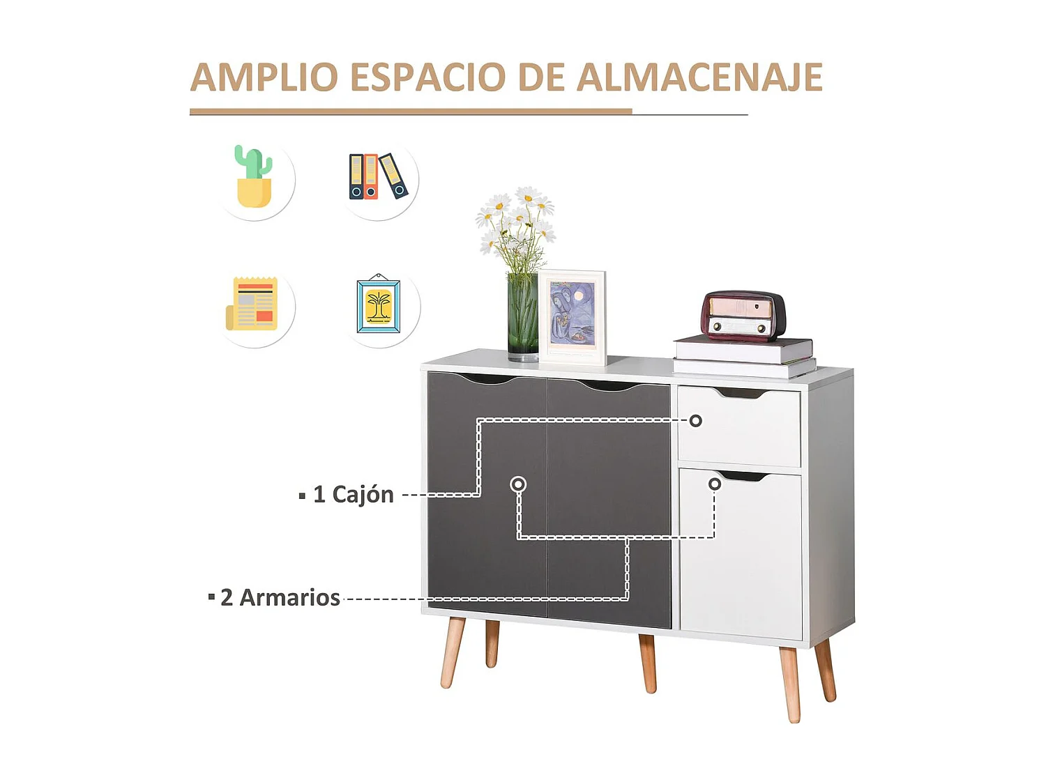 Aparador Kiwi Homcom 3 puertas + cajón blanco/gris 72x90x30 cm
