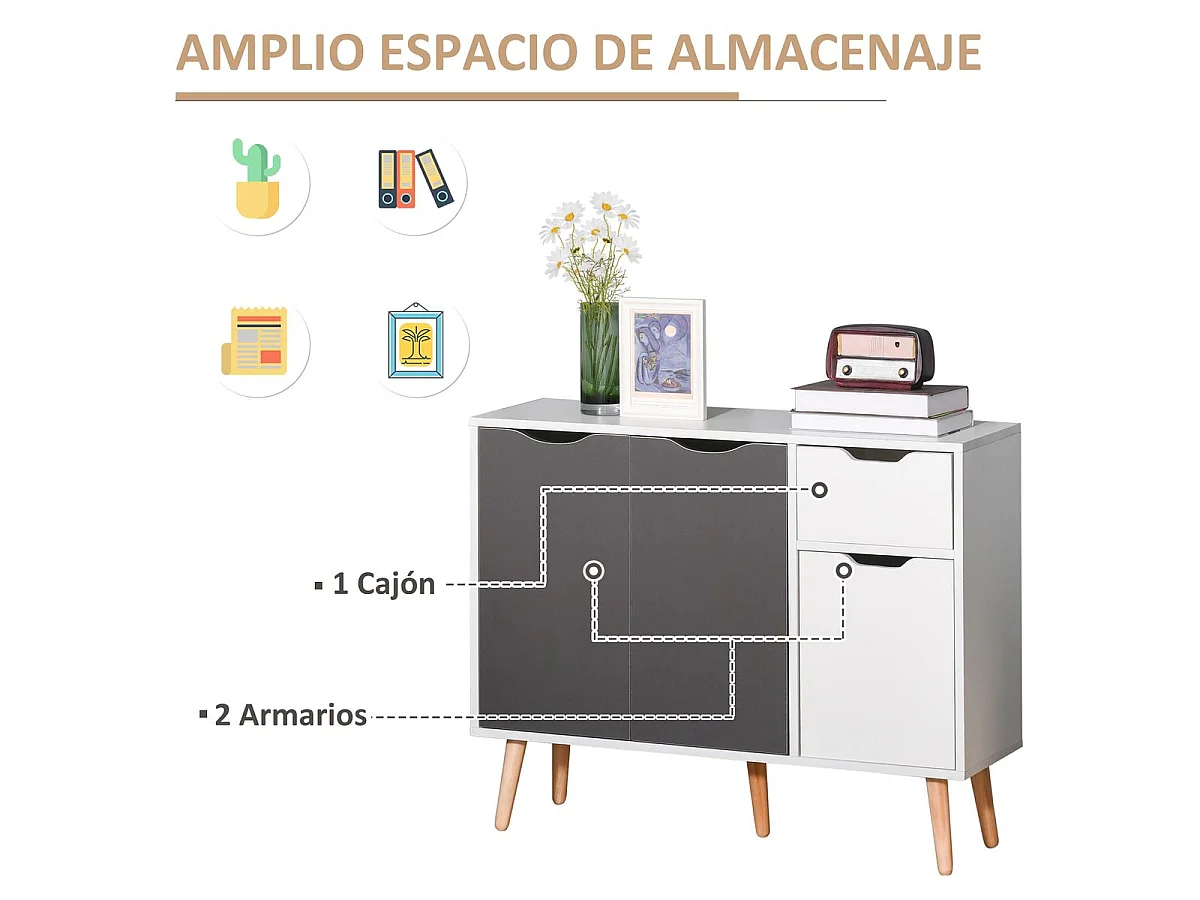 Aparador Kiwi Homcom 3 puertas + cajón blanco/gris 72x90x30 cm