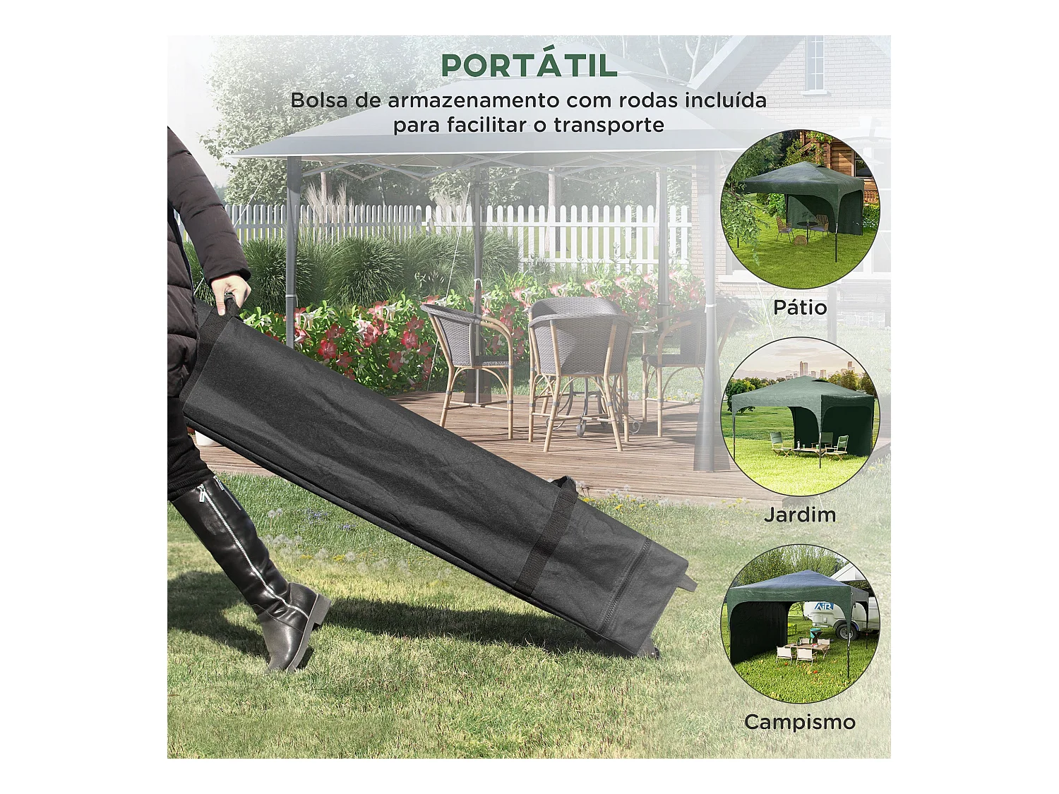 Carpa Tamy Outsunny plegable + altura ajustable + pared lateral verde 265x300x300 cm