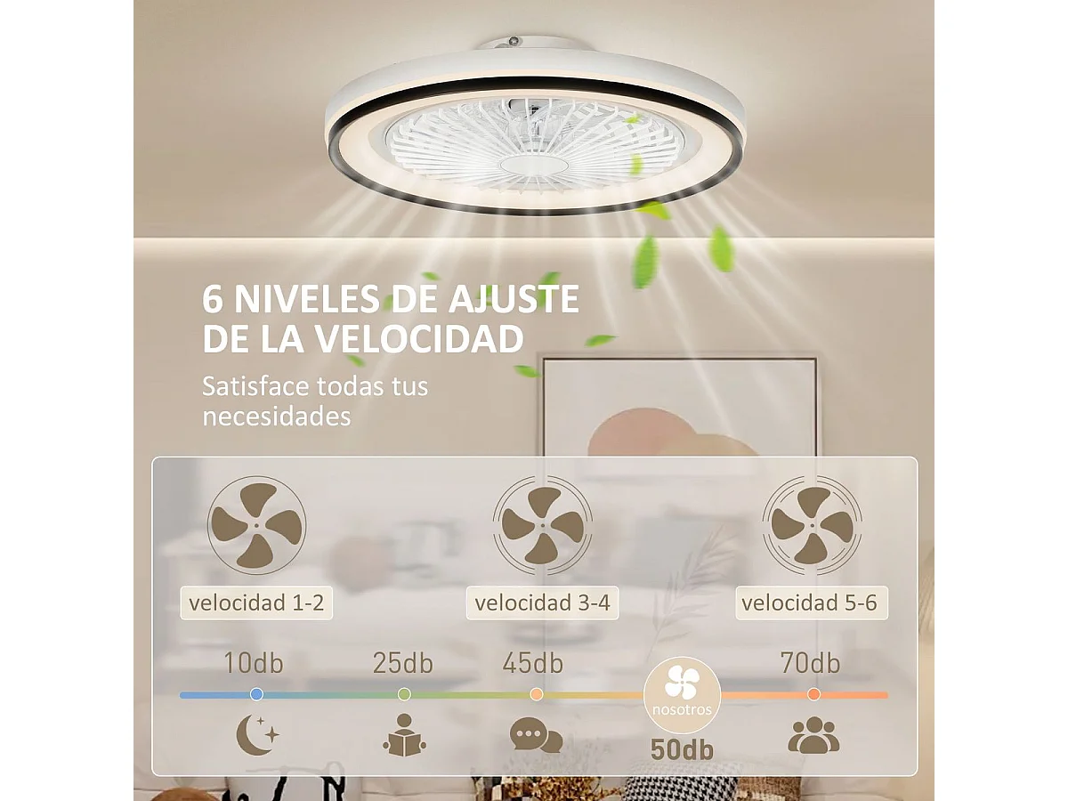 Ventilador de techo Lía Homcom 48,5W luz LED  6 velocidades blanco/negro Ø48 cm