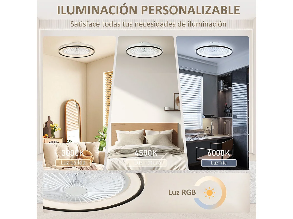 Ventilador de techo Lía Homcom 48,5W luz LED  6 velocidades blanco/negro Ø48 cm