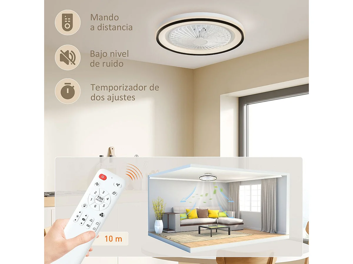 Ventilador de techo Lía Homcom 48,5W luz LED  6 velocidades blanco/negro Ø48 cm