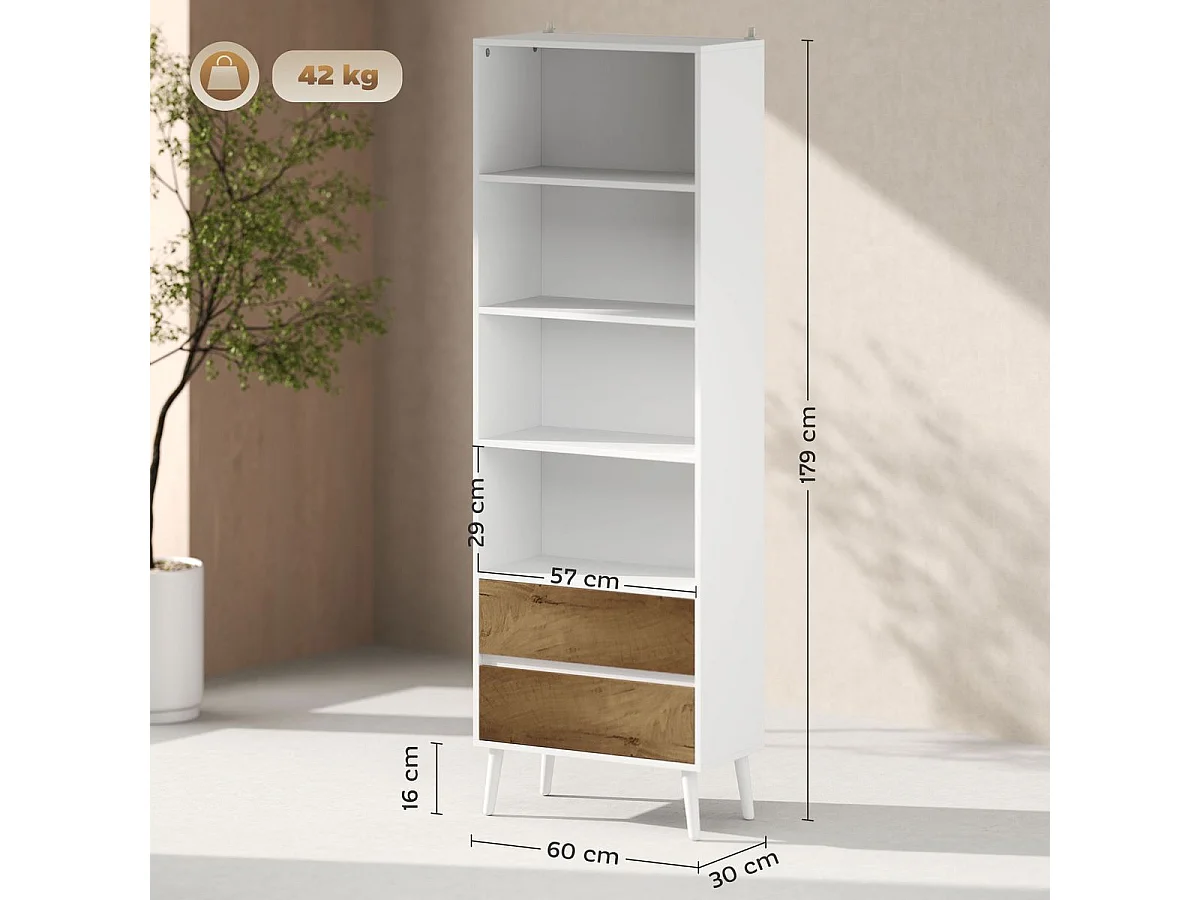 Estantería Cactus Homcom 4 estantes + 2 cajones natural/blanco 179x60x30 cm