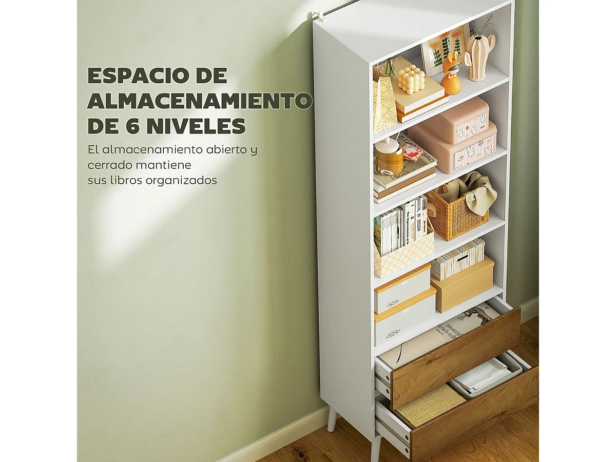 Estantería Cactus Homcom 4 estantes + 2 cajones natural/blanco 179x60x30 cm