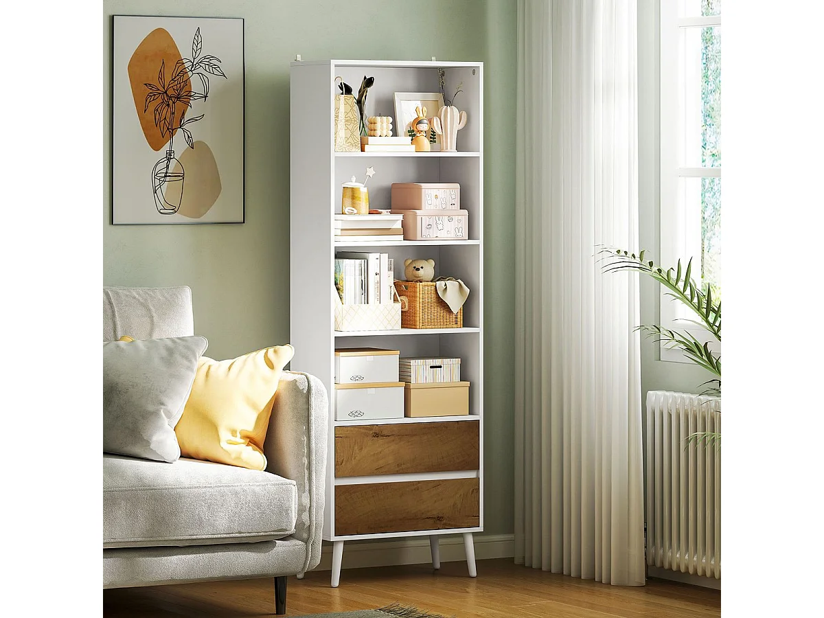 Estantería Cactus Homcom 4 estantes + 2 cajones natural/blanco 179x60x30 cm