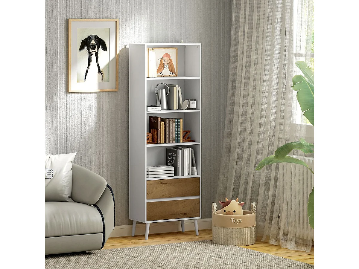 Estantería Cactus Homcom 4 estantes + 2 cajones natural/blanco 179x60x30 cm