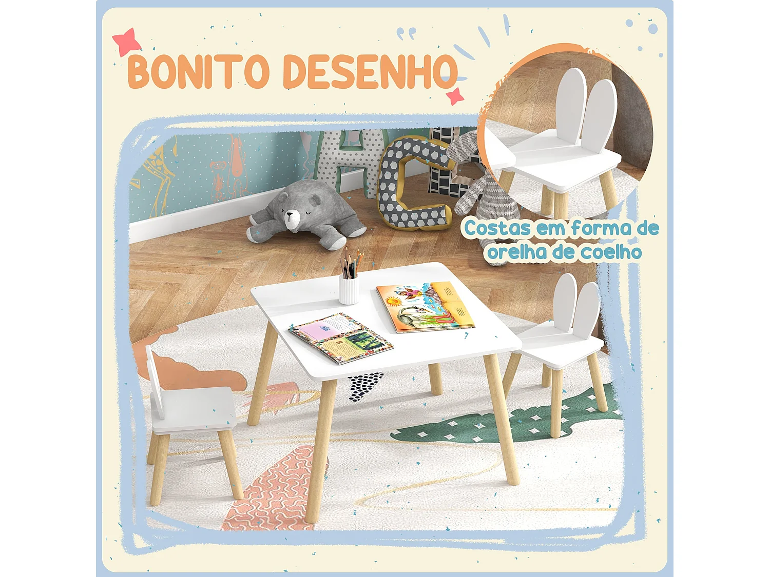 Conjunto infantil Dalia Aiyaplay mesa + 2 sillas +3A blanco/natural