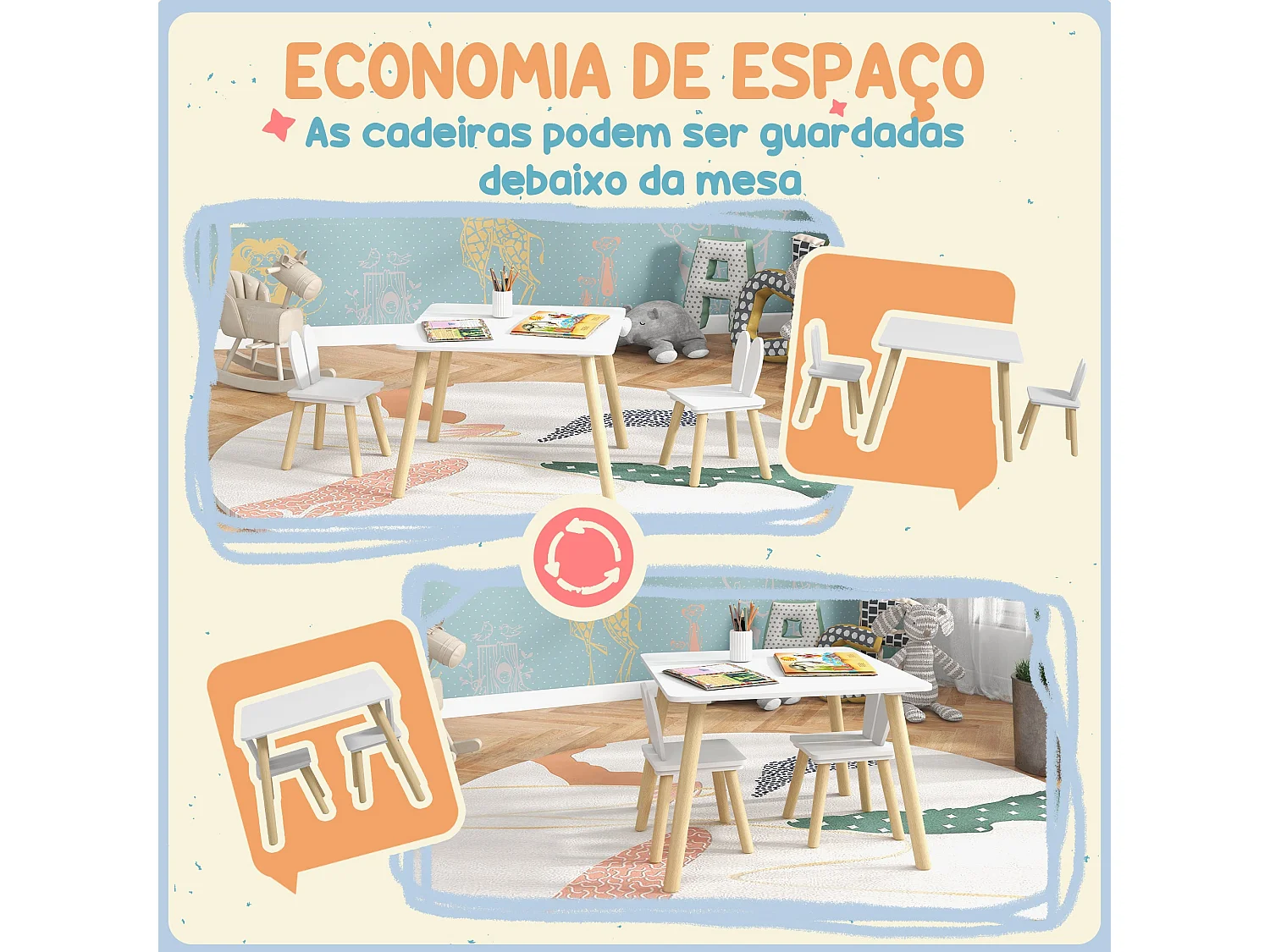 Conjunto infantil Dalia Aiyaplay mesa + 2 sillas +3A blanco/natural