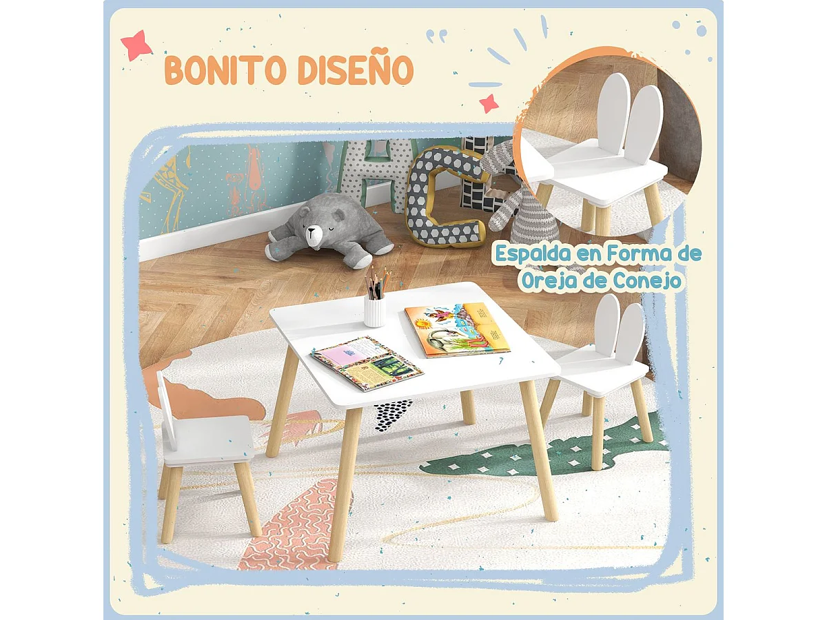 Conjunto infantil Dalia Aiyaplay mesa + 2 sillas +3A blanco/natural