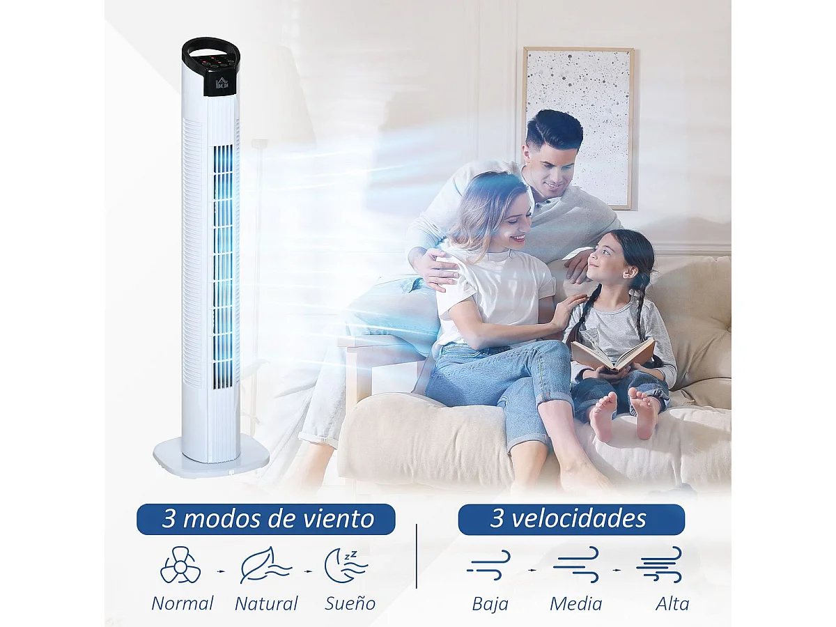 Ventilador de torre Rex Homcom 50W oscilante + 3 velocidades + control remoto blanco 78,5 cm