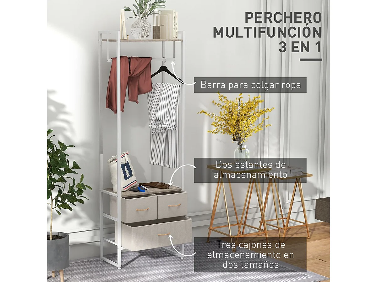 Suporte para Cabides com 3 Gavetas e Prateleira - Design Moderno para Entrada e Quarto 58,5x30x178 cm - Modelo Reykjavik