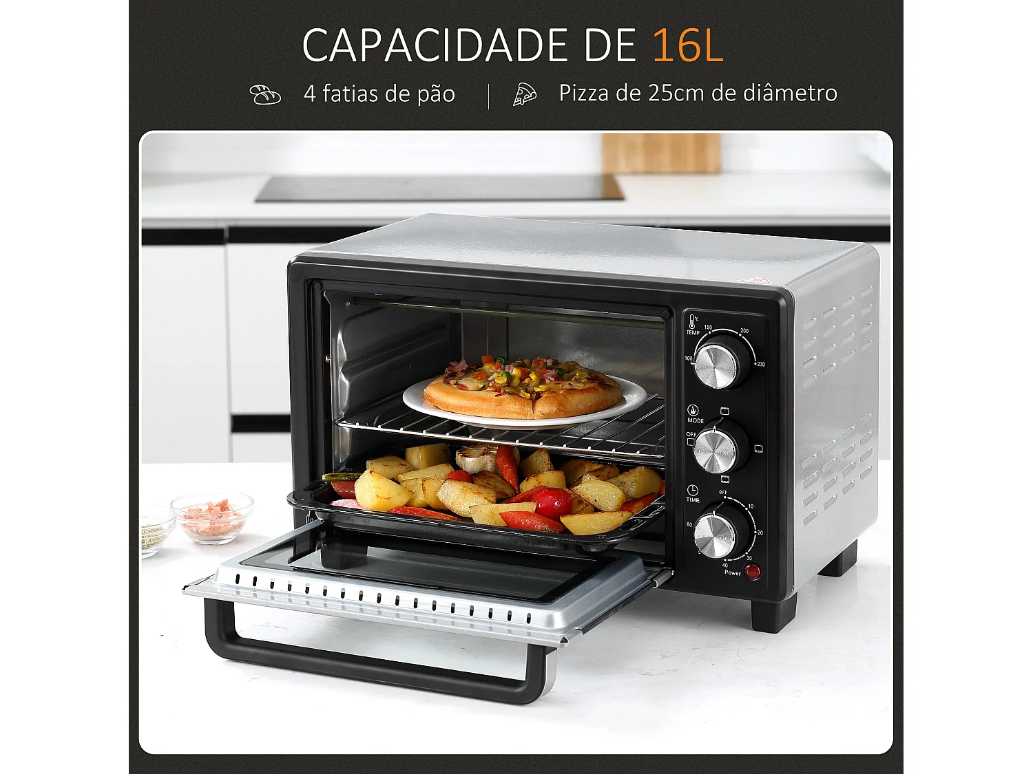 Horno eléctrico de sobremesa Homcom Casiopea 1400W portátil 16L plata 28,1x32x44 cm