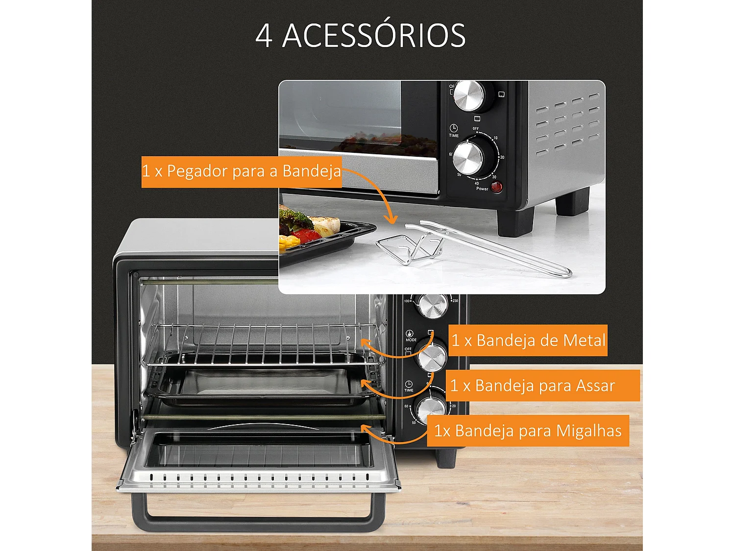 Horno eléctrico de sobremesa Homcom Casiopea 1400W portátil 16L plata 28,1x32x44 cm