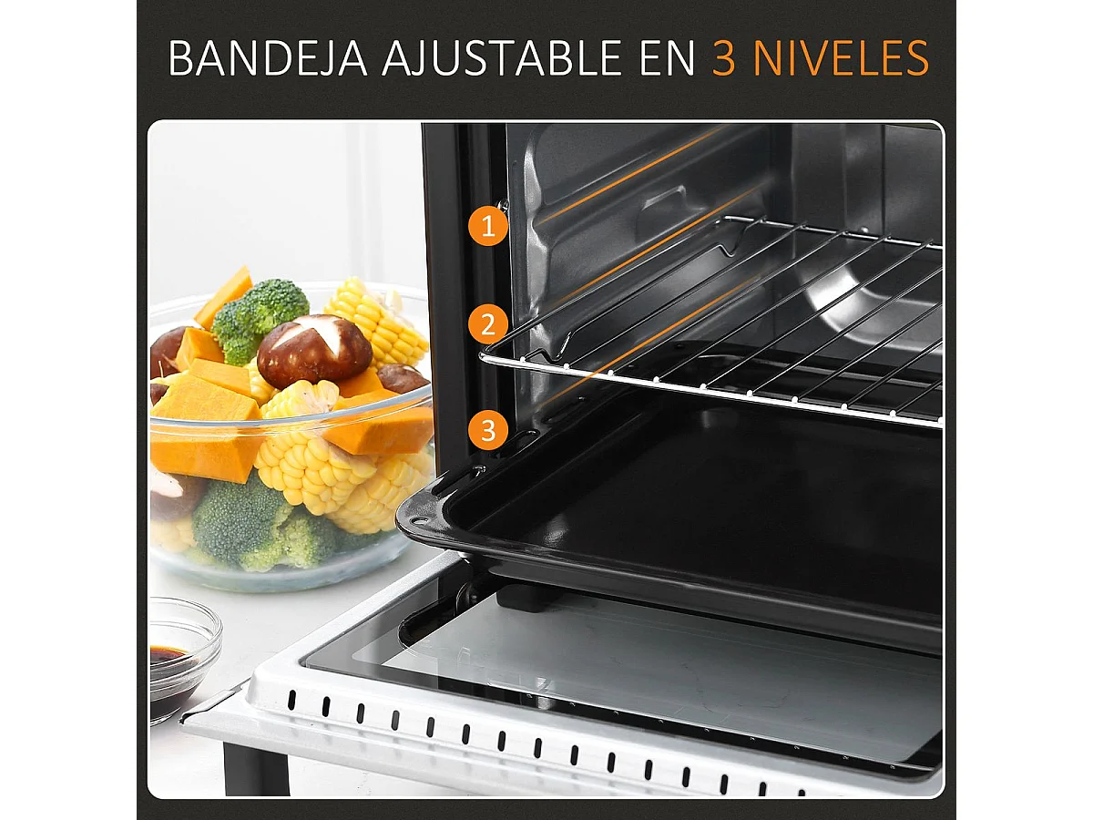 Horno eléctrico de sobremesa Homcom Casiopea 1400W portátil 16L plata 28,1x32x44 cm