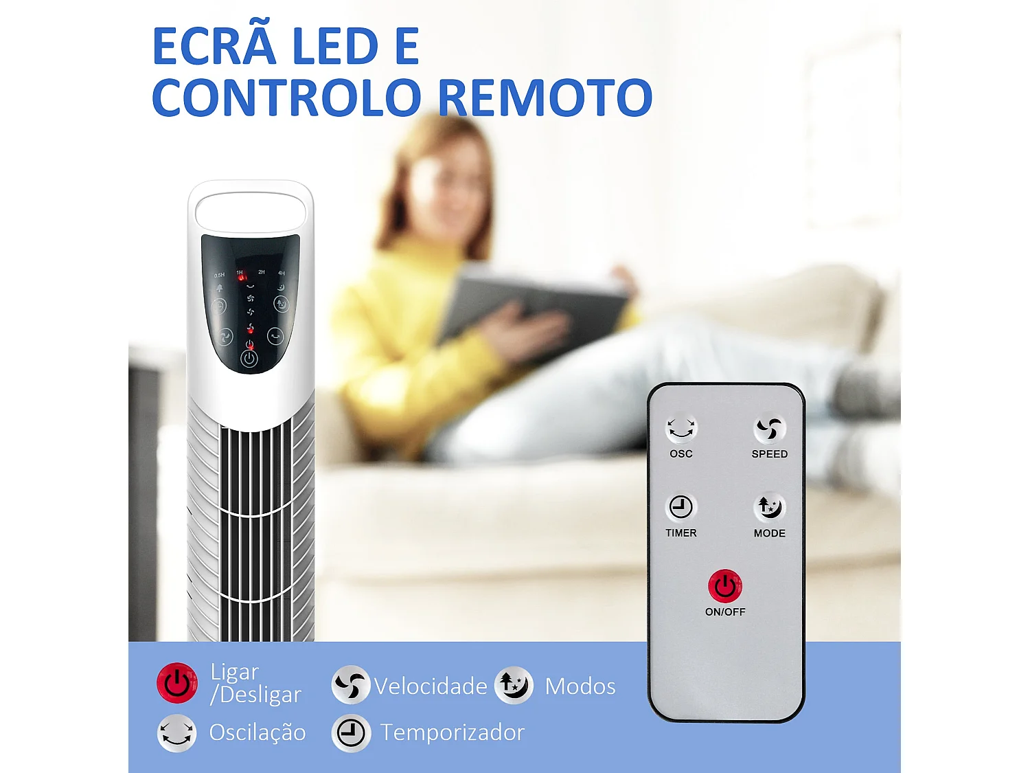 Ventilador de torre Jose Homcom 40W oscilante + 3 velocidades + control remoto blanco 78,5 cm