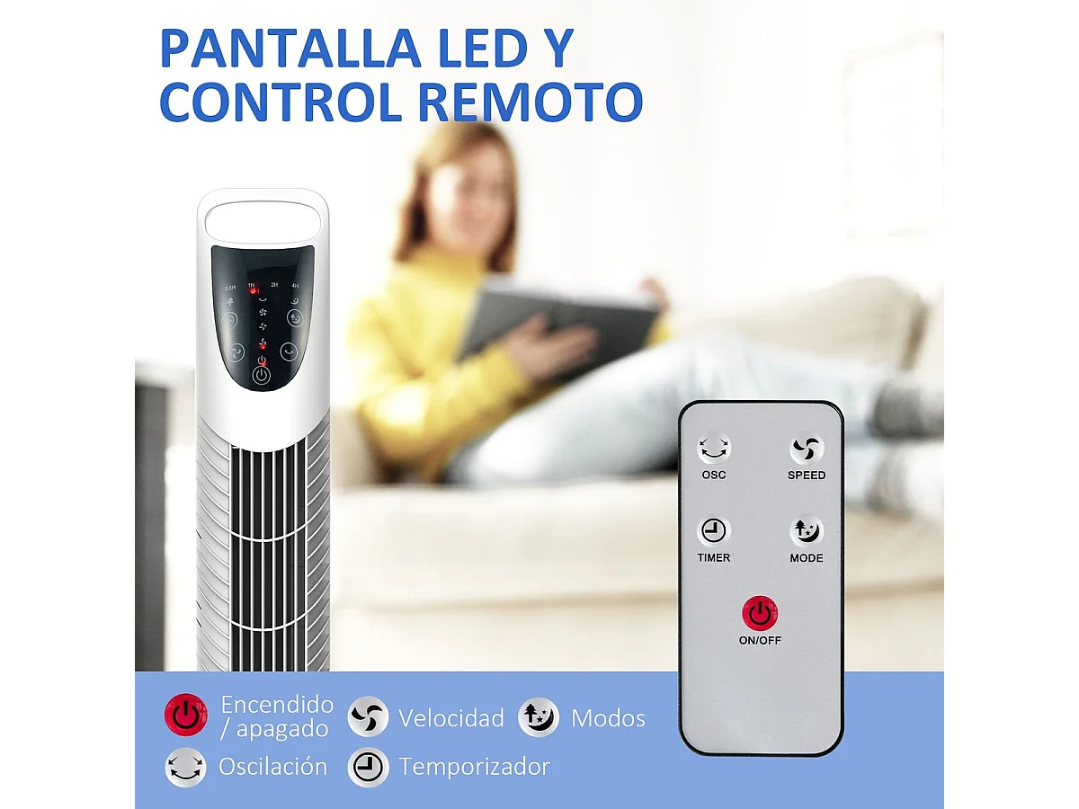 Ventilador de torre Jose Homcom 40W oscilante + 3 velocidades + control remoto blanco 78,5 cm