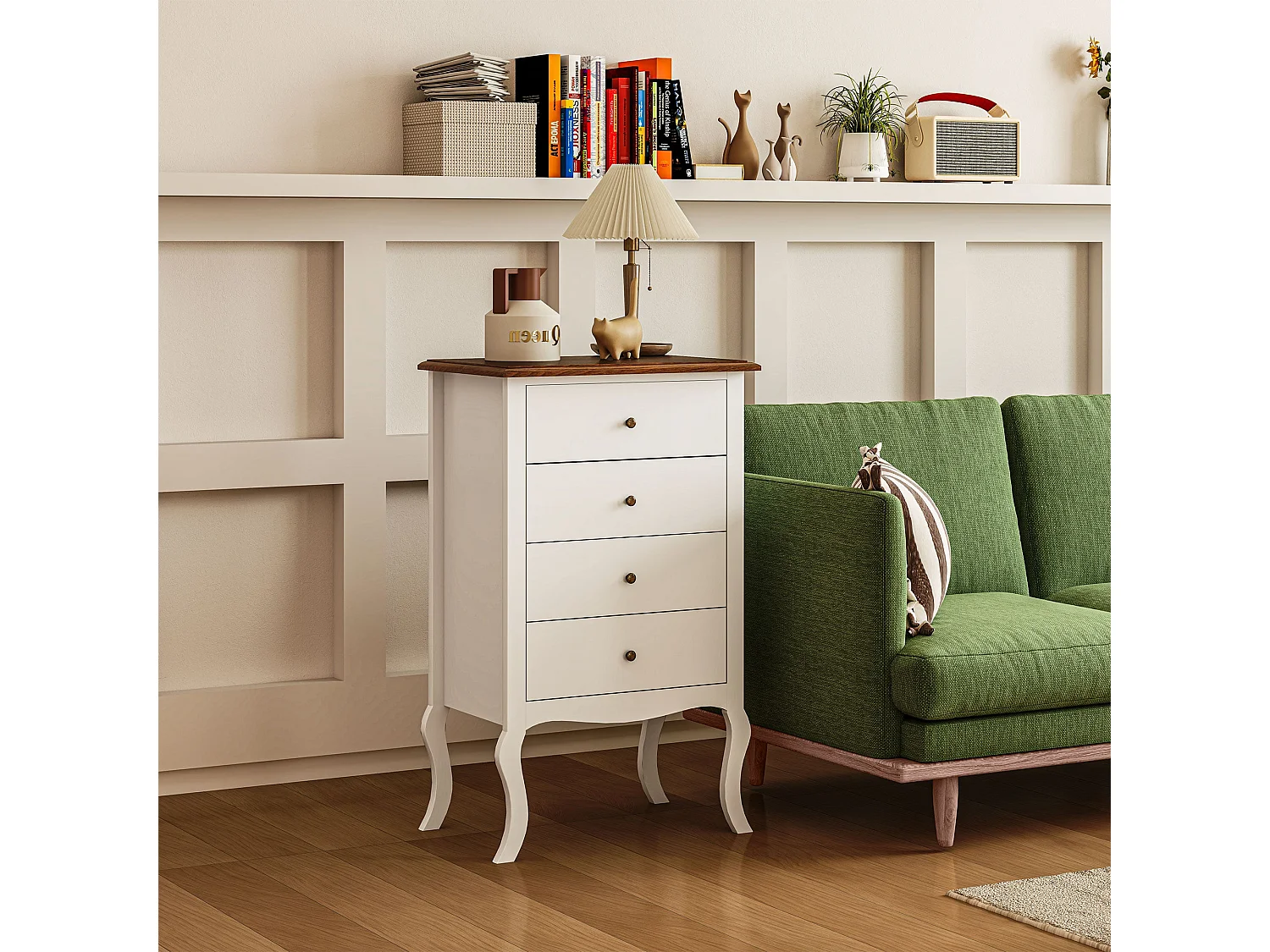 Cómoda Amélie Elegante com 4 Gavetas em Estilo Francês – 60x40x98,5 cm em Branco e Madeira