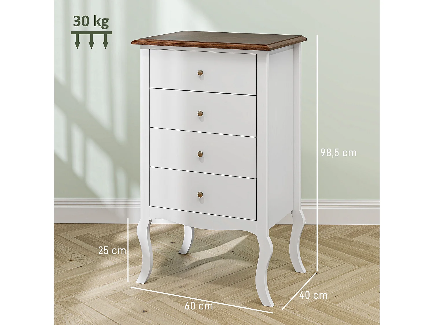 Cómoda Amélie Elegante com 4 Gavetas em Estilo Francês – 60x40x98,5 cm em Branco e Madeira