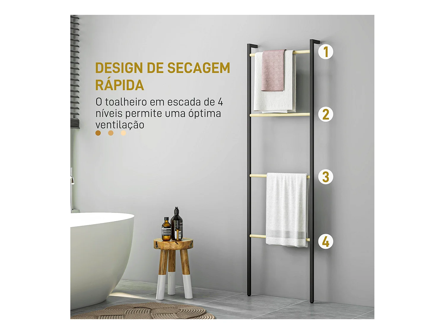 Toallero Ginebra Homcom 4 niveles escalonado bambú y madera negro 167,5x49x5,5 cm