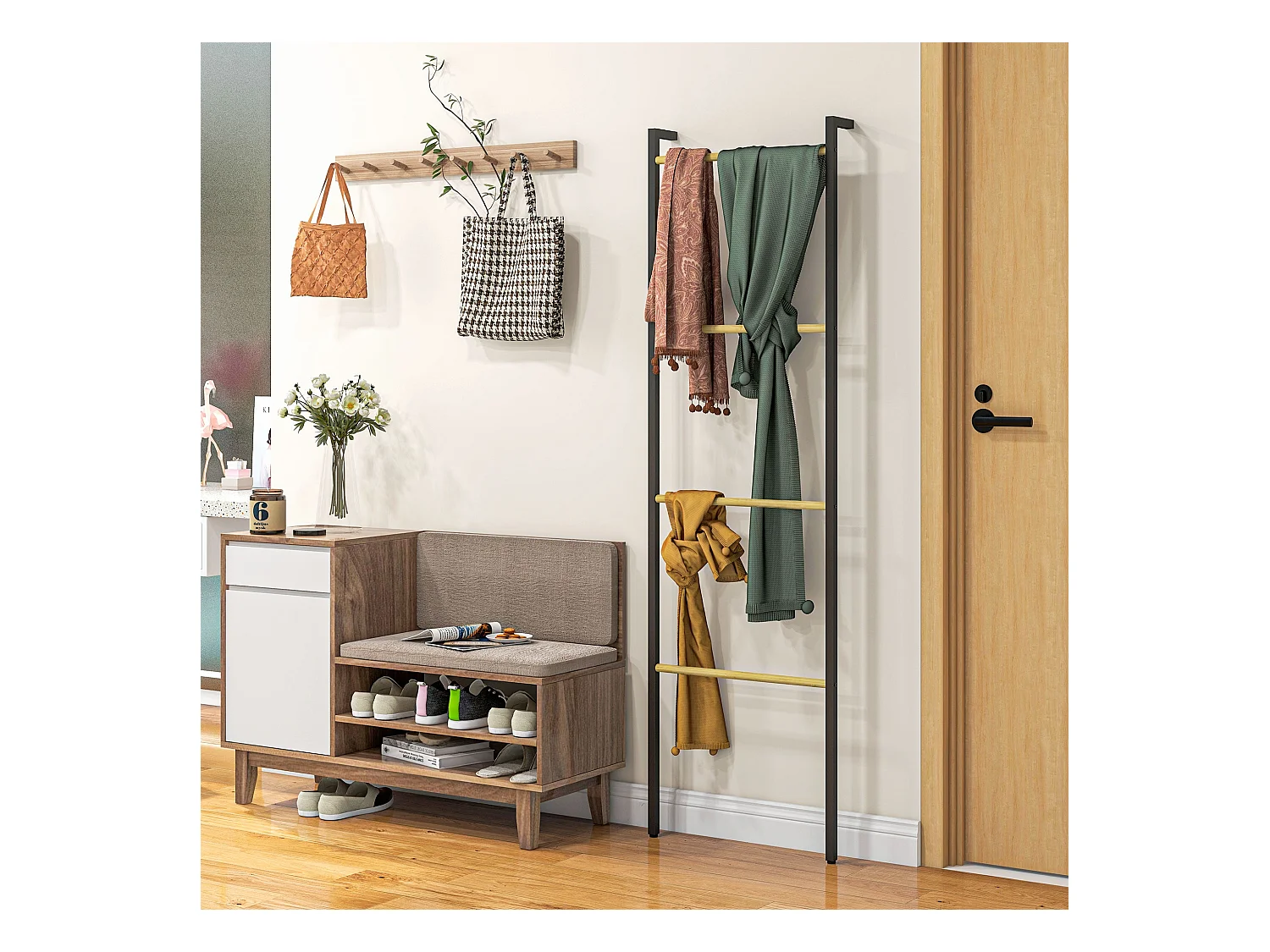 Toallero Ginebra Homcom 4 niveles escalonado bambú y madera negro 167,5x49x5,5 cm